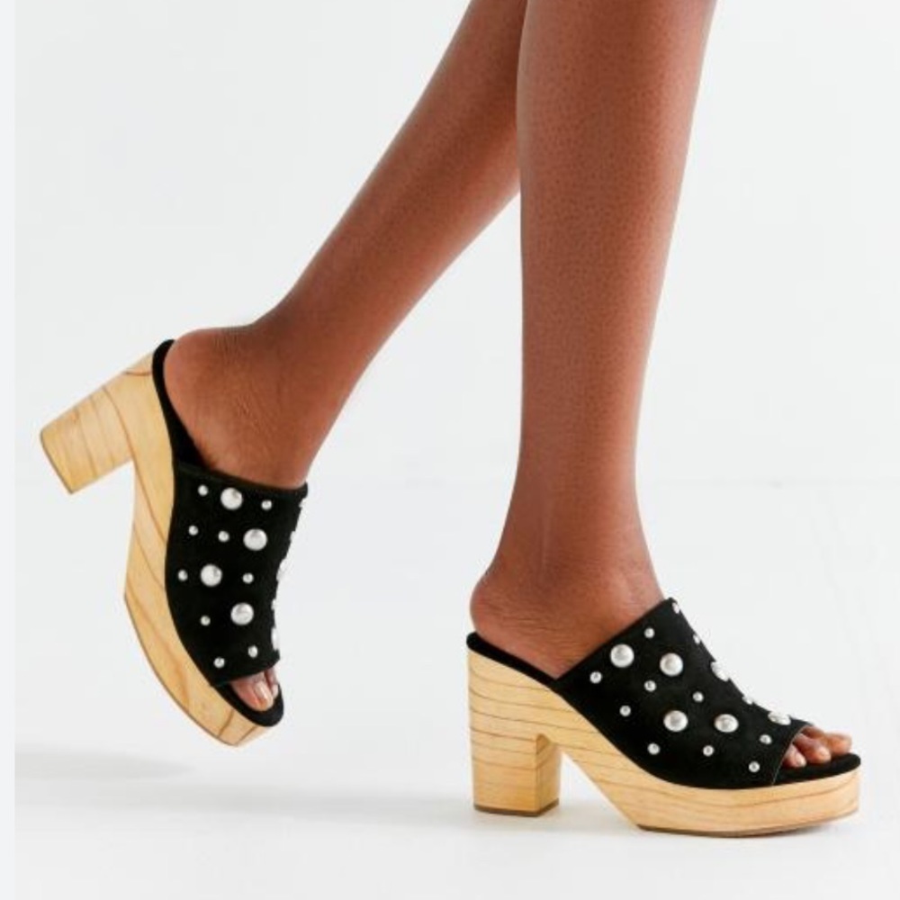 Urban Outfitters | UO Black Suede Studded Wooden Heel Mule Size 8
